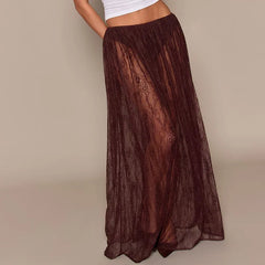 LIZAKOSHT - Coquette Grunge Sheer Lace Maxi Skirt Built-in Thongs Design Low Elastic Waist Flowy Skirt Elegant Lady Grunge See-Through Skirt