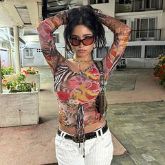 LIZAKOSHT - Y2k Sexy Women Printed Mesh Shirts Tops Long Sleeve Low-cut Slim Crop Shirts Party Lady Cross Bandage Lace-up T-shirt Summer