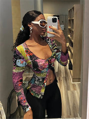 LIZAKOSHT - Autumn Trend Colorful Print Crop Tops Women Streetwear Low-Neck Long Sleeve Single-Breasted Shirts Y2K Sexy Blouses