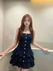 LIZAKOSHT - 2000s Harajuku Vintage Slim One Piece Dress Korean Y2k French Elegant High-End Mini Dress Japan Style Dark Gothic Strap Dress
