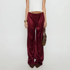 LIZAKOSHT - Women Satin Wide Leg Dress Pants Silk Casual Dressy Long Flowy Pants Elastic High Waisted Trousers