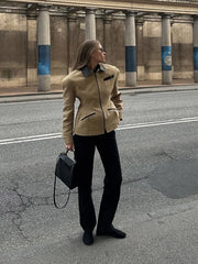 LIZAKOSHT  -  Casual Lapel Patchwork Coat Women Chic Long Sleeve Pockets Zipper Slim Fit Jacket 2025 Autumn Lady Daily Commute Outerwear