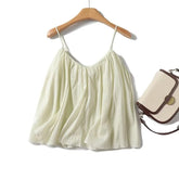 LIZAKOSHT - New 2024 Women Sexy Thin Straps Pleated Ramie Summer Camis Casual Loose Holiday Crop Top