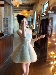 LIZAKOSHT - Korean Fashion Bow Tie Mini Birthday Dress Vintage Sweet Cute Princess Dress Women Short Ruffles Wedding Evening Party Vestidos