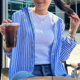 LIZAKOSHT - Women Single-Breasted Button Full Sleeve Loose Leisure Blouses Casual Tops Autumn Lapel Blue White Striped Print Shirt