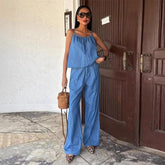 LIZAKOSHT - Women's Two Pieces Set Denim Pant Sets Sleeveless Tanks Tops Sets Women's Suits High Waist Wide Leg Trousers Outfit Streetwear