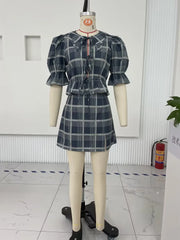 LIZAKOSHT - Women Y2K 2 Piece Skirts Outfits Vintage Summer Plaid Print Tie Front Short Sleeves Tops and Split Skirt Set Streetwear