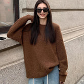 LIZAKOSHT - Vintage Brown Knit Sweater Women Autumn Winter Loose Casual Lazy Wind Pullovers Streetwear Harajuku Baggy Long Sleeve Jumpers