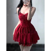 LIZAKOSHT - Red Lace Patchwork Design Strappy Dress Women New Summer Korean Style Fashion Evening Party Outfits Y2k Causal Dresses New