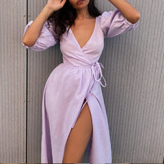 LIZAKOSHT - 100% Cotton Women Fashion Puff Sleeve V-Neck Long Dress High Waist Elegant Boho Maxi Dress Vestidos Clothes