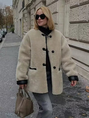 LIZAKOSHT  -  Mid Length Leather Fur One-Piece Jacket Coat Knot Buckle Lamb Faux Fur Overcoat Round Neck Women Classic Two Wear Outwear Top