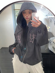 LIZAKOSHT - Y2k Harajuku Bow Patchwork Hoodies Women Korean Style Kawaii Cuteore Streetwear Zipper Hooded Sweatshirt Soft Girl 2024