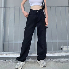 LIZAKOSHT - Autumn and Winter New Women's Casual Fashion Pockets Solid Color Denim Loose Straight Leg Pants Ladies Simple Trousers