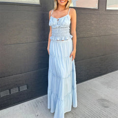 LIZAKOSHT - 2 Piece Set Women Outfit Sexy Solid Color Tie Up Front Sleeveless Crop Tops and Long Skirts 2000s Clothing Streetwear