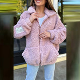 LIZAKOSHT - New Winter Warm Solid Color Loose Jacket Women's Stand Collar Zipper Lamb Wool Coat Ladies Casual Pocket Commuter Outwear