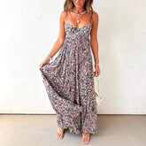 LIZAKOSHT - Women Elegant Floral Print Sling Dress Sexy Off Shoulder Backless Long Pleated Party Dress Fashion Hight Waist Swing Bohe Dress