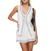 LIZAKOSHT - 2 Piece Set y2k Clothes Women Vacation Moon Plant Print Sleeveless Tops and High Waist Shorts 2000s Beach Streetwear