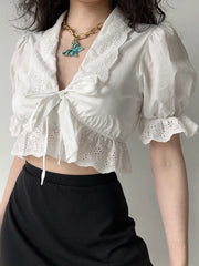 LIZAKOSHT - White Crop Blouses Women Summer Short Sleeve Top Female Sweet Vintage Bandage Shirt Ladies Elegant Chic V-Neck Blusas Ropa Mujer