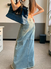 LIZAKOSHT - Denim Womens Long Skirts Vintage England Style High Waist Pencil Skirt Ladies Front Pockets Deisgn A-Line Jeans Skinny Skirt