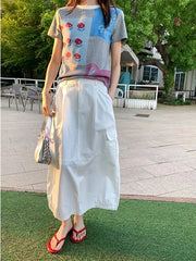 LIZAKOSHT - Korean chic Summer O Neck Short Sleeve Geometric Print Cartoon Slim Women's T-shirts