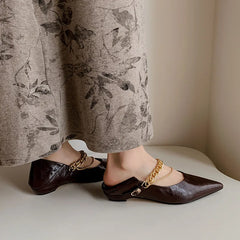 LIZAKOSHT - Fashion Pumps New High Quality Genuine Leather Chain Pointed Shallow Mouth Low Heel Women's Shoes Modern Commuter Shoes