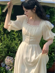 LIZAKOSHT - Women Squre Collar Lace Patchwork Summer Dress Female Puff Sleeve High Waist Solid Princess Dress Fahsion Party Dress