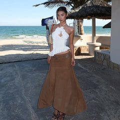 LIZAKOSHT - Fashion Elegant 2-Piece Set Women Cross Halter Hollow Ruffles Irregular Hem Vests+Folds Mesh Long Skirt Vacation Matching Suits