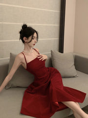LIZAKOSHT - Summer New French Elegant Strap Birthday Party Prom Midi Velvet Dress For Women Sleeveles Female One Piece Clothes