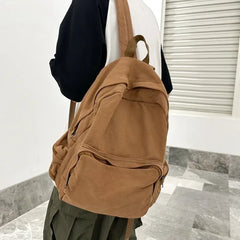 LIZAKOSHT - Vintage Washed Canvas Backpack For Women Large Capacity Student Leisure School Bags Solid Simple Travel Backpack Female Bookbag
