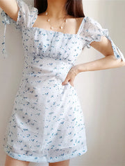 LIZAKOSHT - Retro France Style Ruched Square Collar Puff Sleeve Blue Flower Print Dress Slim Waist A line Elegant Women Robe
