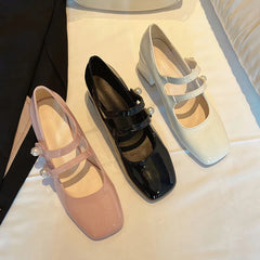 LIZAKOSHT - Nude Patent Leather Mary Janes Shoes Retro Square Toe Chunky Heeled Buckle Strap High Heels Fashion Small Leather Ladies Pumps