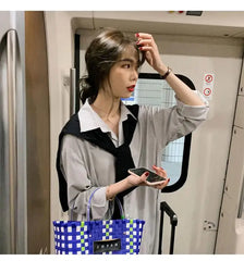 LIZAKOSHT - Autumn Simple Versatile Hong Kong Style Retro Chic Women's Set Korean Striped Shirt Dress High-end Black Shawl for Women