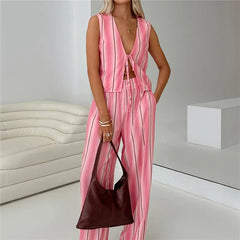 LIZAKOSHT - Women Y2k Stripes 2 Piece Pants Matching Set Tie Front V Neck Tank Vest Wide Leg Elastic Waist Trousers Suit Set