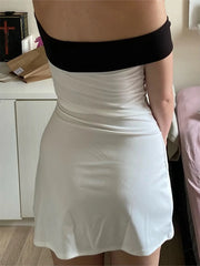 LIZAKOSHT - Sexy Party Mini Dress Women Fashion Strapless Sleeveless Bodycon Bow Patchwork Dresses White Elegant Club Slim Dress