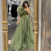 LIZAKOSHT - Green One Shoulder Long Prom Dresses Saudi Ruffles Pleats Evening Dress Dubai Formal Women's Prom Party Gowns