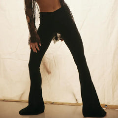 LIZAKOSHT - Woman Long Stretch Slim Skinny Trousers Legging Yoga Bottom Sexy Plain Black Solid V High Waist Full Length Flare Pants