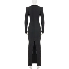 LIZAKOSHT - Women Sexy Metal Buckle Hollow Out Boydcon Maxi Dress Deep V Neck Full Sleeve Wrap Hips Split Party Long Robe Birthday Outfits