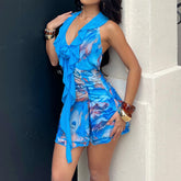 LIZAKOSHT - Sexy Deep V-neck Floral Print Halter Dress Chic Wood Ear Detailing Backless Vacation Mini Dress Y2k Party Outfit Summer
