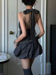 LIZAKOSHT - Y2K Sexy Dark Grey Chic 2 Pieces Sets Women Halter Neck Button Side Tie Tops + Mini Skirt Harajuku Streetwear Clubwear Outfits