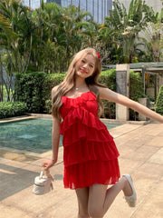 LIZAKOSHT - Ruffled Red Solid Color Helter Dress Korean Fashion Backless Sleeveless Summer Fashion Short Sexy Dresses