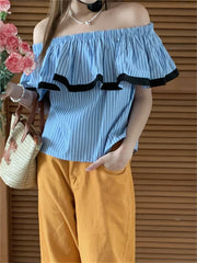 LIZAKOSHT - Gentle Stripes Women Tops Slash Neck Ruffles Chic Mujer All Match Summer OL Loose New Slim Daily Sexy Holiday