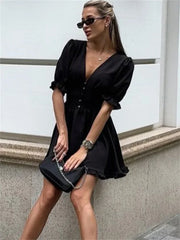 LIZAKOSHT - Summer Black V-Neck Mini Dress For Women Ruffled High Waist Slim Commute Elegant Party Dress Female Solid Bodycon Dress