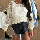 LIZAKOSHT - Fashion High Street Commuter Tops New Autumn O Neck Embroidered Loose Pullover Sexy Perspective Long Sleeve Suspenders 2pc Shirt