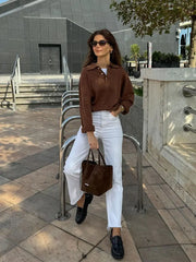 LIZAKOSHT - Solid Knit Lapel Button V-neck Women Fashion Jumper Long Sleeve Loose Oversizes Basic Pullover Autumn Casual Sweater Knitwears