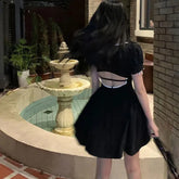 LIZAKOSHT - New Summer Sweet Y2k Black Mini Dress Sexy Bow V Neck Women Party Backless Dress Retro Hollow Out Dress Korean Vestido Sundress