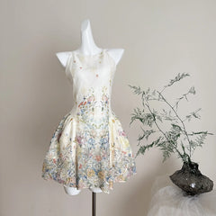 LIZAKOSHT - Off White Elegant Kawaii Fairycore Floral Print Chiffon Ruched Waist Halter Mini Dress Women Girls Summer Beach Party Daily Wear