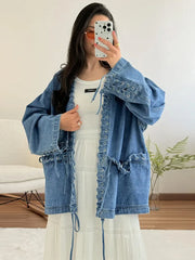 LIZAKOSHT  -  Fashion Women's Blue Denim Coat V-neck Loose Big Pockets Lace Up Bandage Jackets Female 2025 Autumn Lady All-matching Outwears