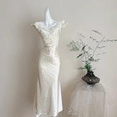 LIZAKOSHT - French Vintage Cream White Satin Polka Dot Lace Ruffle Cap Sleeves V Neck Waist Cinched Maxi Dress Women Girls Daily Party Wear