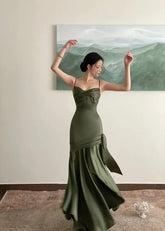 LIZAKOSHT - Elegant Emerald Green Irregular Patchwork Evening Party Dress High Waist Spaghetti Strap Pleated Hem Prom Gown For Women