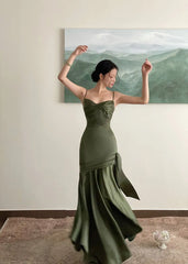 LIZAKOSHT - Elegant Emerald Green Irregular Patchwork Evening Party Dress High Waist Spaghetti Strap Pleated Hem Prom Gown For Women